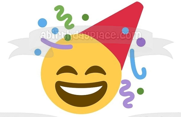 Party Hat Happy Emoji with Streamers Edible Cake Topper Image ABPID01506