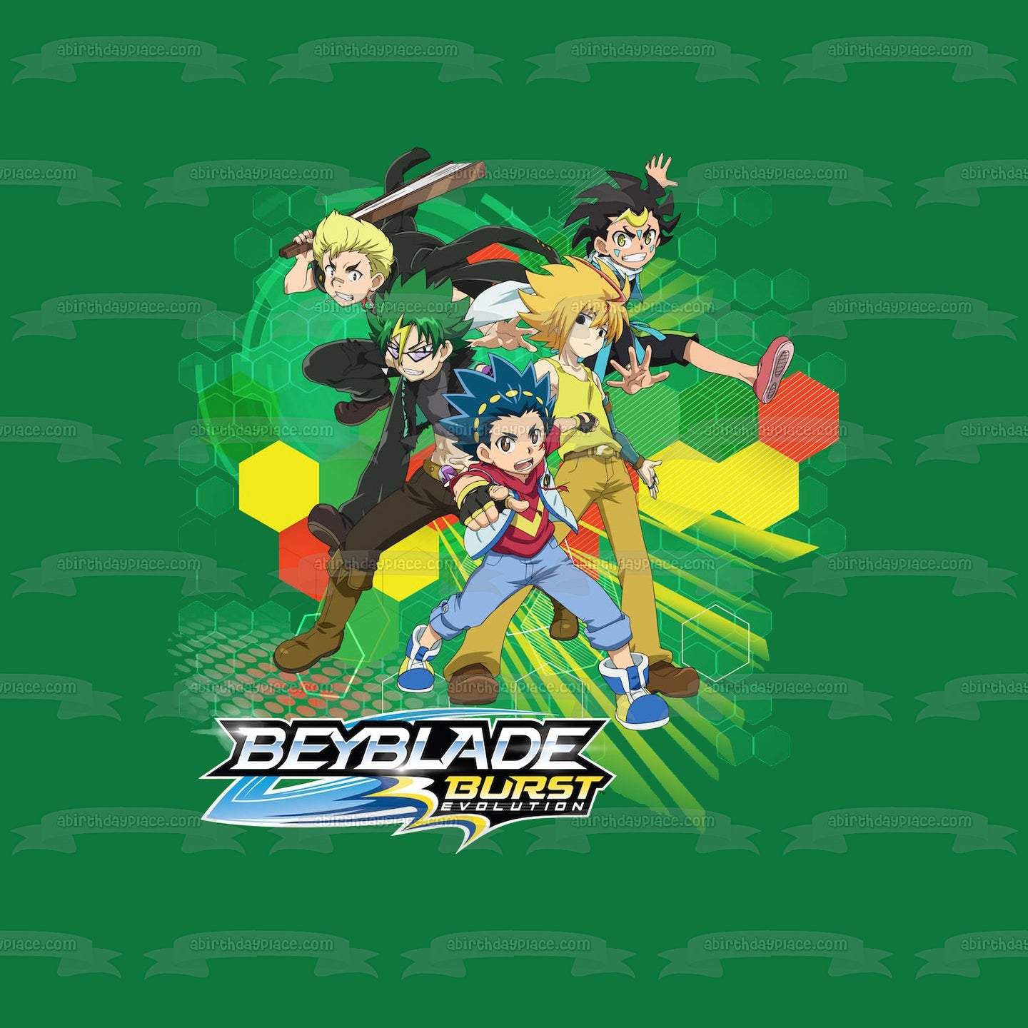 Beyblade Burst Evolution Valt Aoi Wakiya Komurasaki Ken Midori and Ray Kon Edible Cake Topper Image ABPID01629