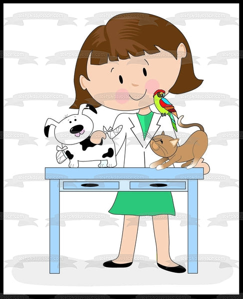 Cartoon Veterinarian Cat Dog and a Bird Edible Cake Topper Image ABPID01674