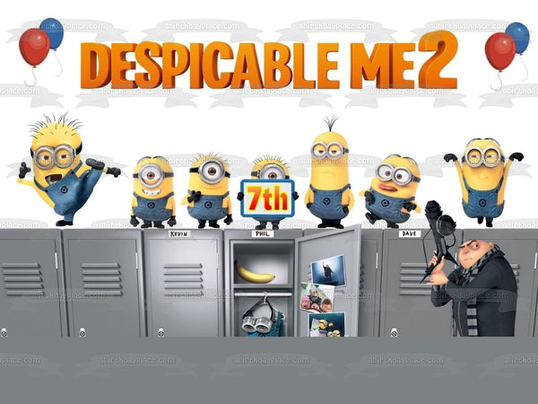 Despicable Me 2 Minions School Lockers Gru Kevin Stuart Balloons Edible Cake Topper Image ABPID01883