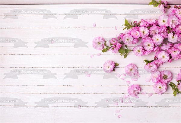 White Wood Panel Pink Flowers Edible Cake Topper Image ABPID01984