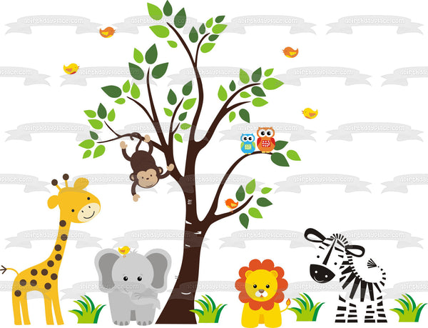 Jungle Safari Animals Giraffe Owl Monkey Lion Elephant Zebra Tree and Birds Edible Cake Topper Image ABPID03210