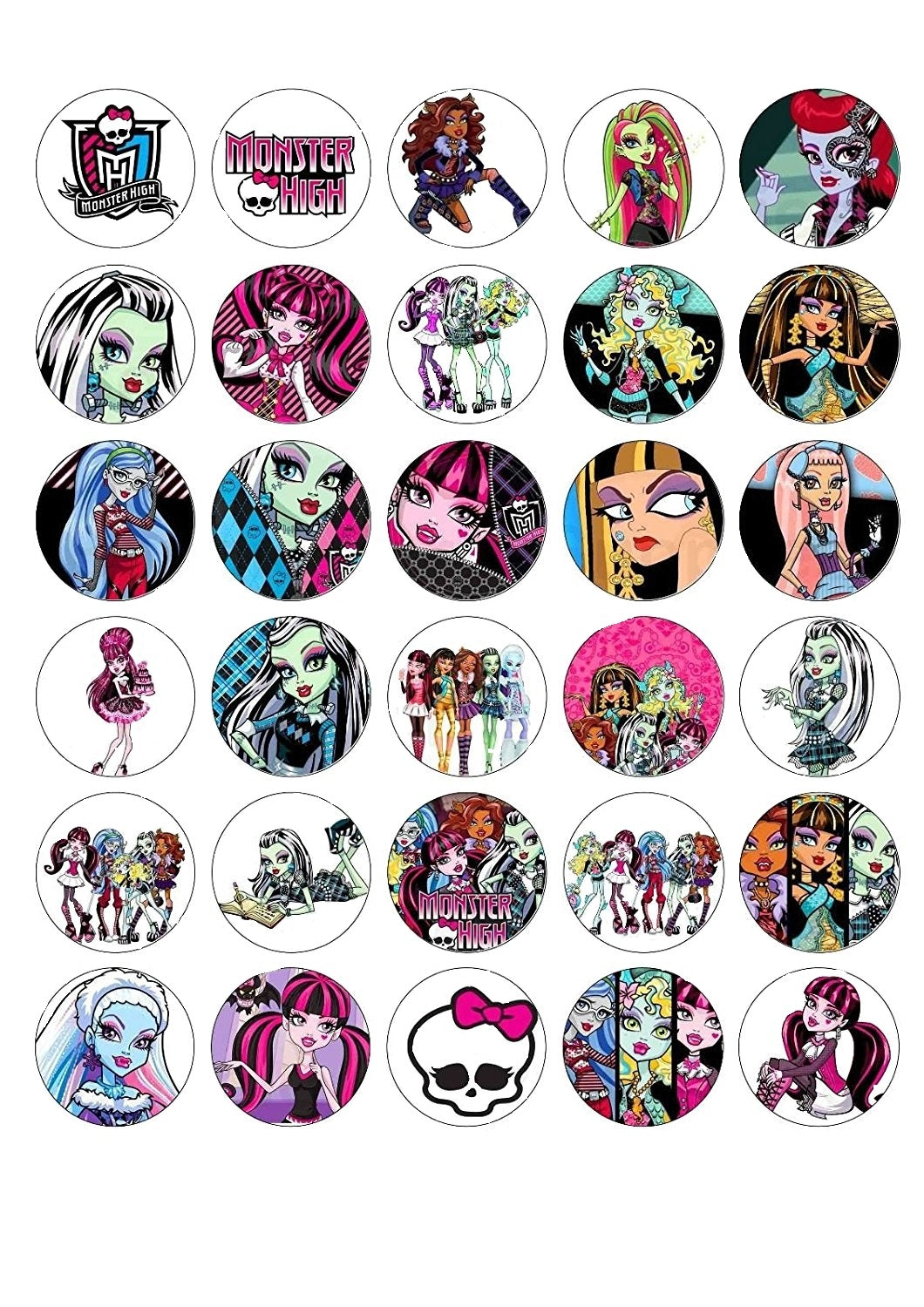 Monster High Clawdeen Wolf Lagoona Blue Cleo De Nile Draculaura Frankie Stein and Ghoulia Yelps Edible Cupcake Topper Images ABPID03438