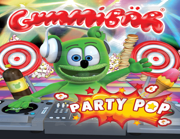 Gummibar Party Pop Lollipop and Headphones Berlin Edible Cake Topper Image ABPID03479