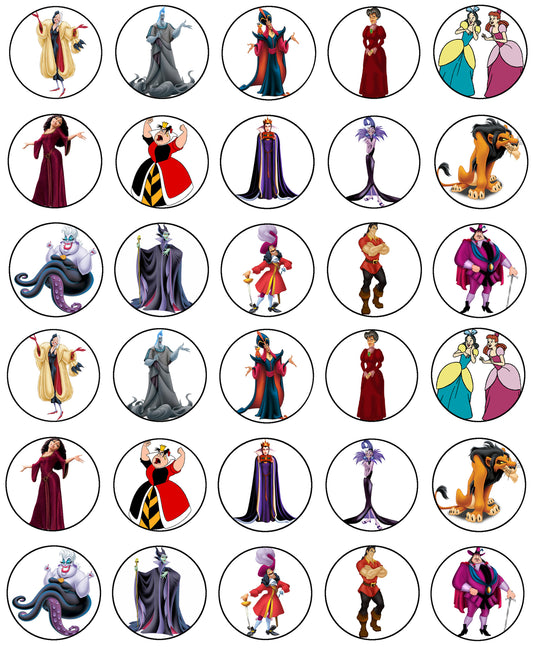 Disney Villian Cruella De Ville Ursula Scar Maleficent Captain Hook Yzma Stepmother Governor Ratcliffe Evil Queen Gaston Edible Cupcake Topper Images ABPID03551