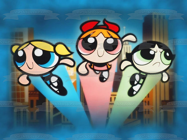 Power Puff Girls Blossom Bubbles Buttercup and Buildings Edible Cake Topper Image ABPID03572
