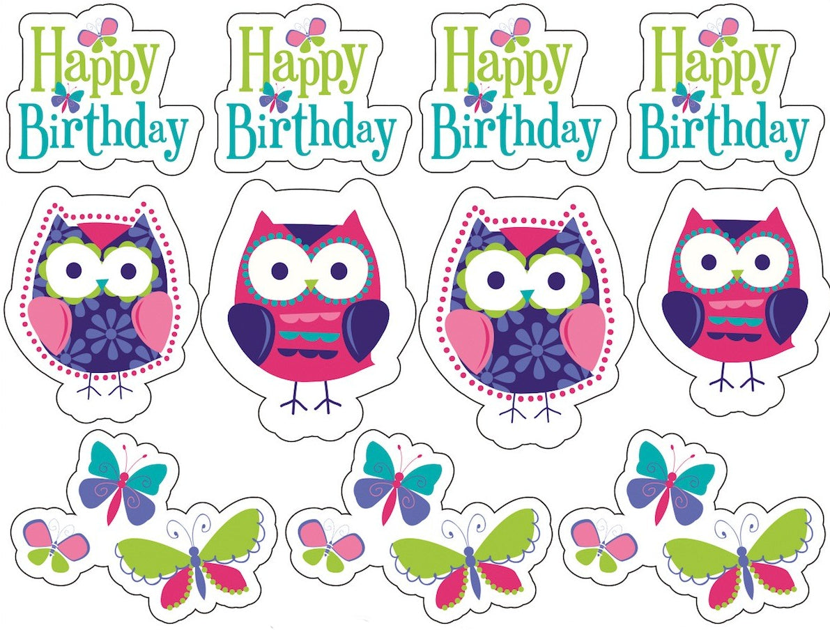 Happy Birthday Owl Cartoon Butterflies Edible Cupcake Topper Images ABPID03675