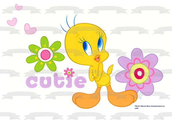 Looney Tunes Tweety Bird with Flowers and Hearts Edible Cake Topper Image ABPID03843