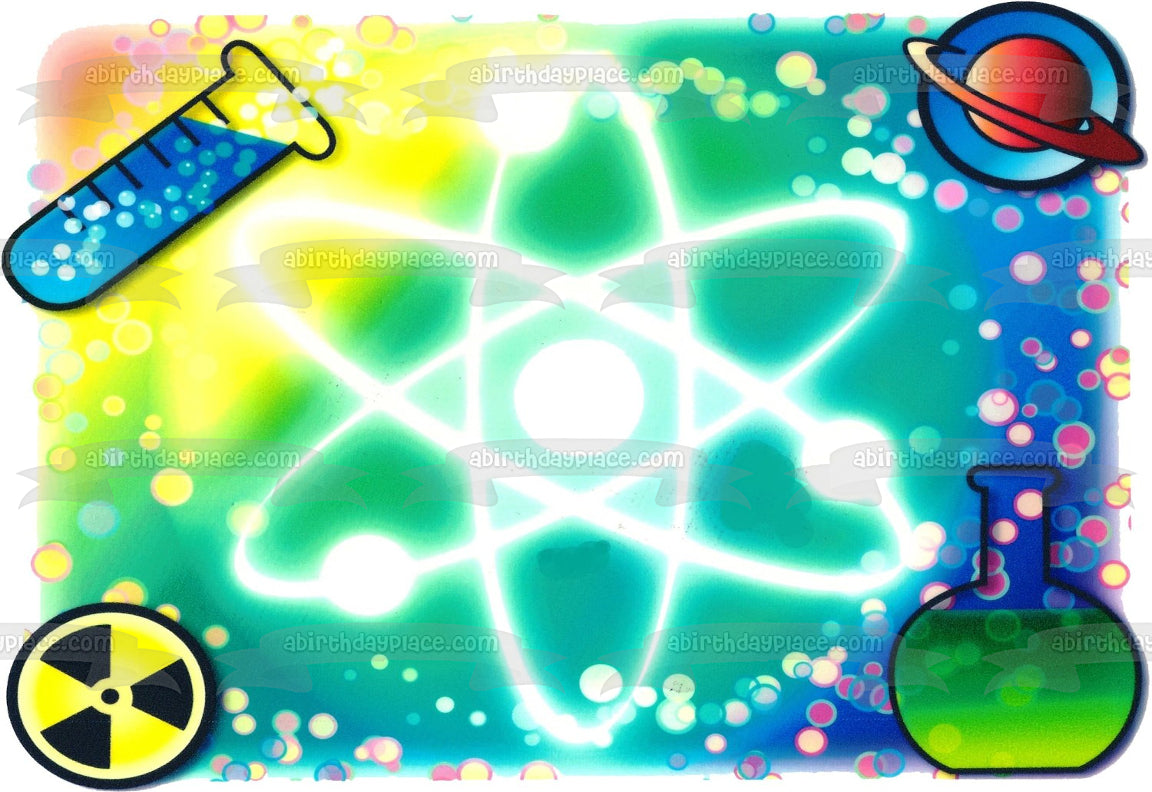 Chemistry Molecule Science Beaker Planet and a Test Tube Edible Cake Topper Image ABPID03887