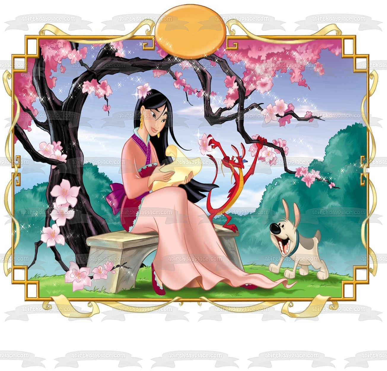 Mulan Plum Tree Bench Paper and a Dog Edible Cake Topper Image ABPID04006