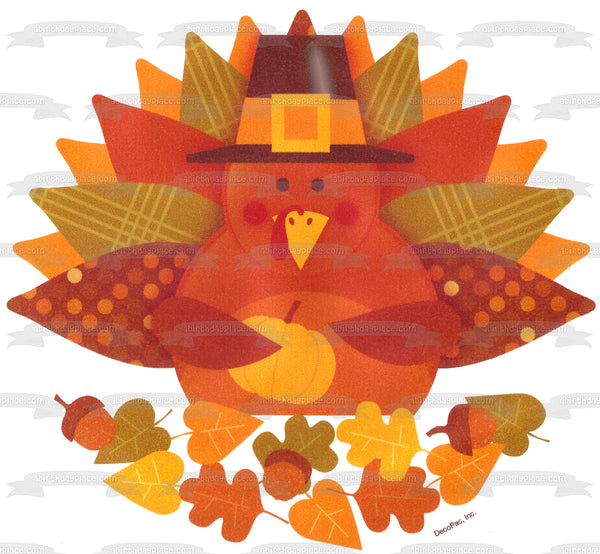 Happy Thanksgiving Turkey Pilgrim Hat and a Pumpkin Edible Cake Topper Image ABPID04013