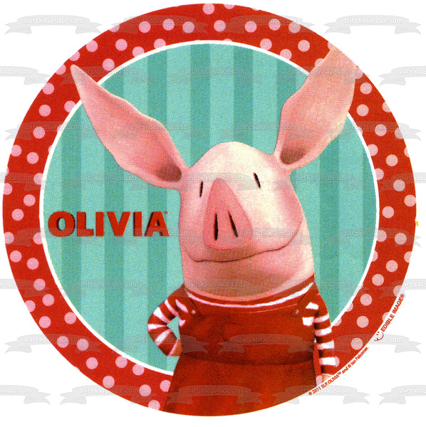 Olivia the Pig Blue Stripes Red Polka Dots Edible Cake Topper Image ABPID04066