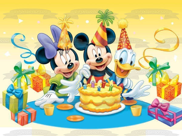 Mickey Mouse Minnie Mouse Donald Duck Birthday Cake and Presents Edible Cake Topper Image ABPID04085