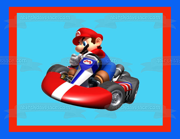 Mario Kart Mario Red Blue Border Edible Cake Topper Image ABPID04092