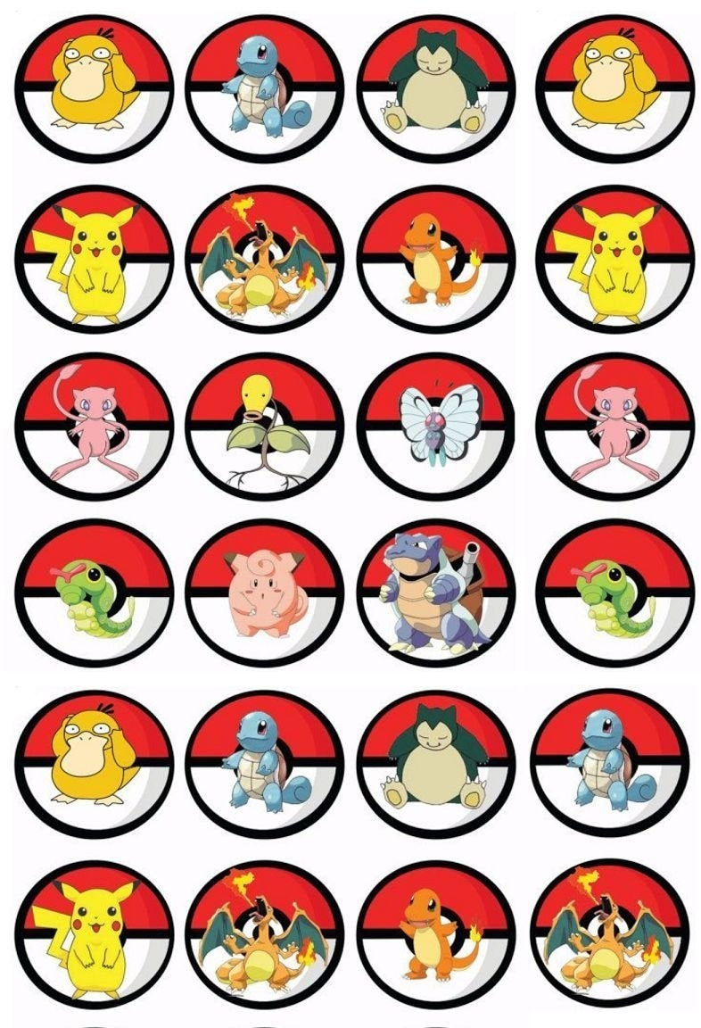 Pokemon Poke Ball's Squirtle Pikachu Snorlax Butterfree Charmander Psyduck Edible Cupcake Topper Images ABPID04542