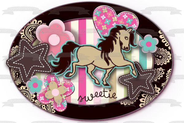 Sweetie Horse Hearts Stars Flowers and Paisleys Edible Cake Topper Image ABPID04629