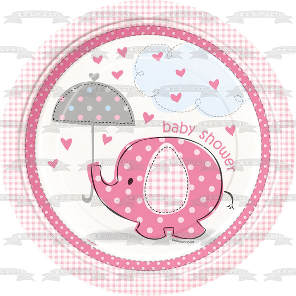 Pink Elephant Umbrella Baby Shower Raining Hearts Edible Cake Topper Image ABPID04689