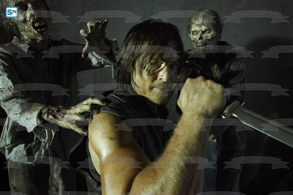 The Walking Dead Daryl Dixon Fighting Zombies with a Knife Edible Cake Topper Image ABPID04773