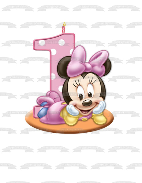 Baby Minnie Mouse Number One Cake Candle First Birthday Edible Cake Topper Image ABPID04832