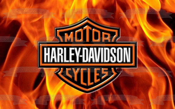 Harley-Davidson Motor Cycles Logo Flaming Background Edible Cake Topper Image ABPID04864