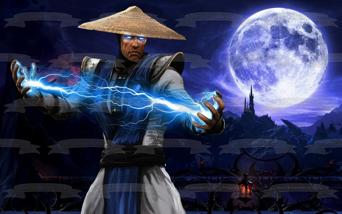 Mortal Kombat Raiden Lightning Moon In the Background Edible Cake Topper Image ABPID04897