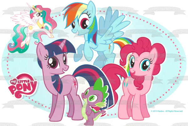 My Little Pony Friendship Is Magic Rainbow Dash Pinkie Pie Twilight Sparkle Spike and Princess Celestia Edible Cake Topper Image ABPID05064