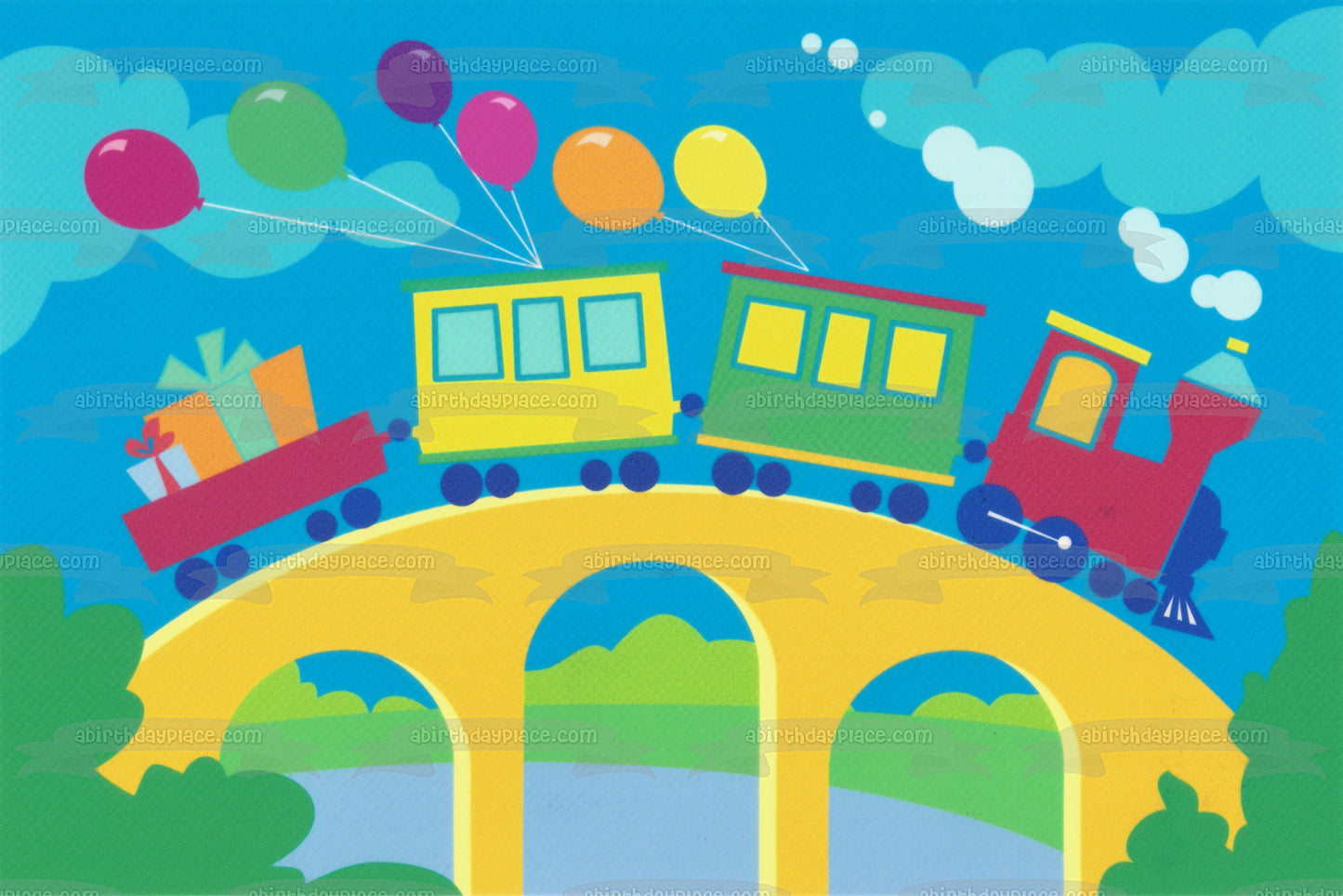 Happy Birthday Trains Balloons Clouds and Trees Edible Cake Topper Image ABPID05690