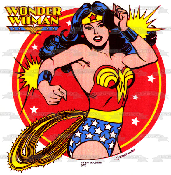 Wonder Woman with a  Red Background and Stars Edible Cake Topper Image ABPID05754