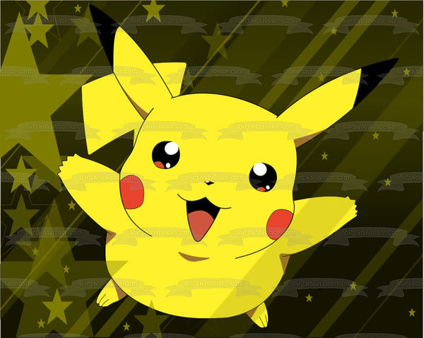 Pokemon Pikachu with a Green Star Background Edible Cake Topper Image ABPID05776
