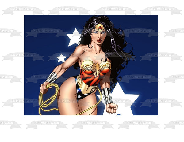 Wonder Woman Stars Blue Background Edible Cake Topper Image ABPID05816