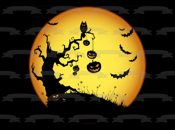 Happy Halloween Pumpkins Bats and a Creepy Tree Edible Cake Topper Image ABPID05818