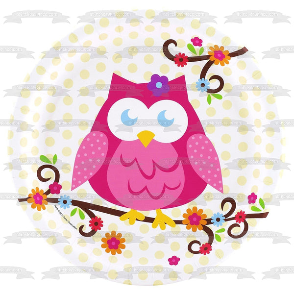 Pink Owl Flowers and a Polka Dot Background Edible Cake Topper Image ABPID05886
