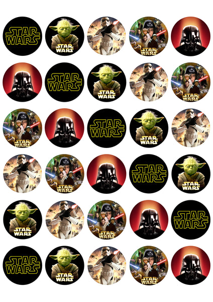 Star Wars Classic Logo Luke Skywalker Chewbaca Princess Leia Darth Vader Light Sabers Yoda and Storm Troopers Edible Cupcake Topper Images ABPID06022