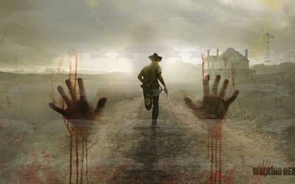 The Walking Dead Rick Grimes Zombie Hands and a  Deserted House Edible Cake Topper Image ABPID06084