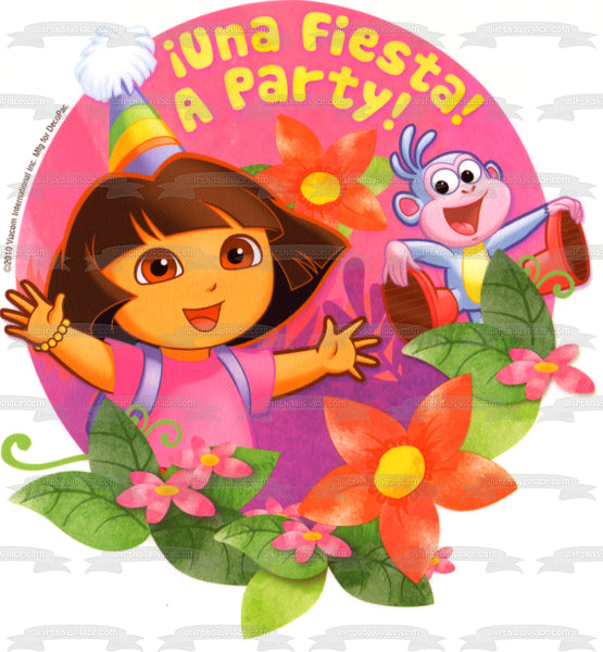 Dora the Explorer Boots a Birthday Party Hats and Flowers Edible Cake Topper Image ABPID06127