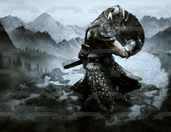 Elder Scrolls Skyrim Warrior and Mountains Edible Cake Topper Image ABPID06206