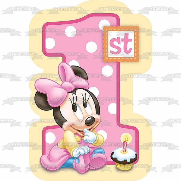 Baby Minnie Mouse Happy 1st Birthday Edible Cake Topper Image ABPID06241