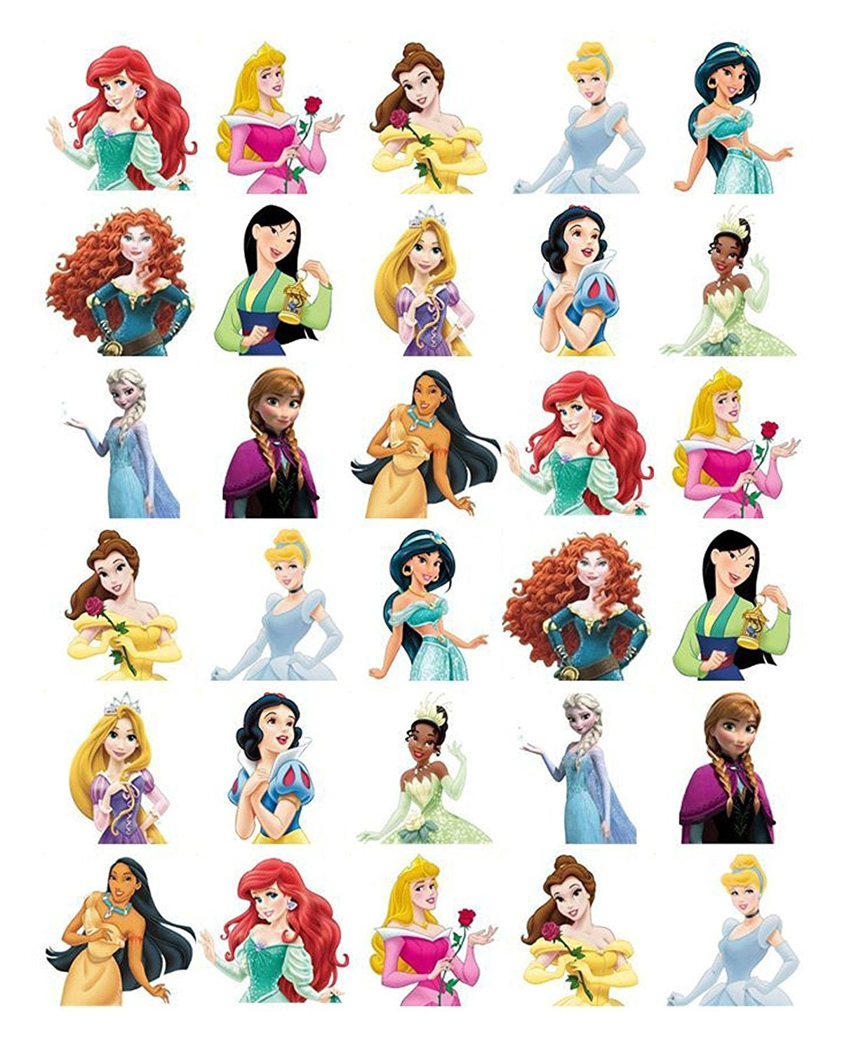 Disney Princess Ariel Aurora Belle Snow White Jasmine Cinderella Mulan Merida Anna Elsa Tiana Pocahontas Rapunzel Edible Cupcake Topper Images ABPID06242