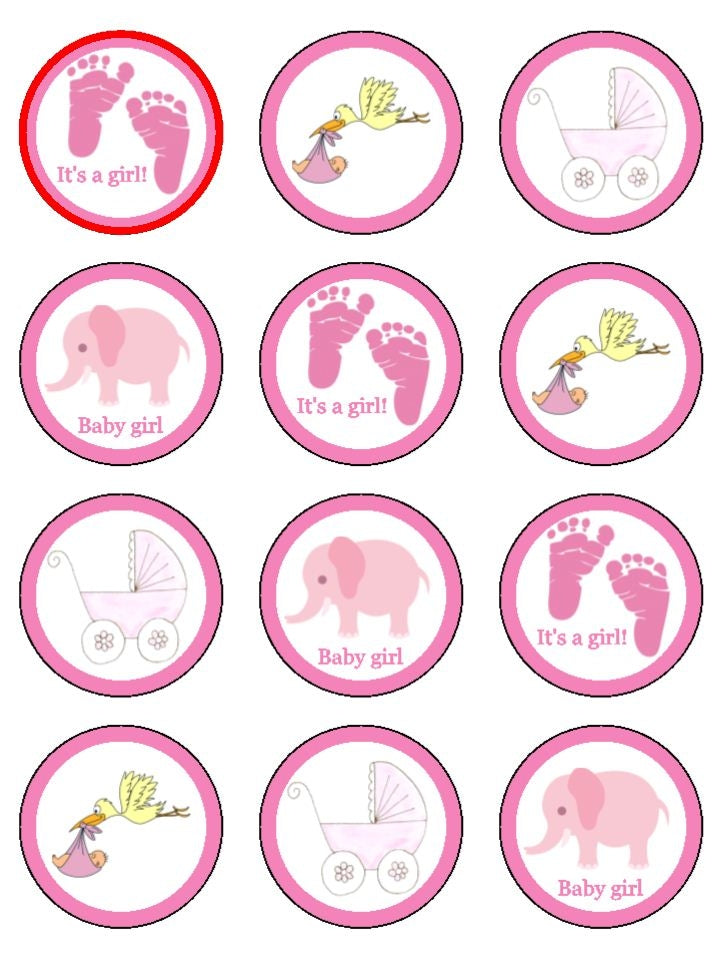 Baby Shower It's a Girl Stork Elephant Stroller Edible Cupcake Topper Images ABPID06324