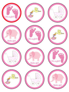 Baby Shower It's a Girl Stork Elephant Stroller Edible Cupcake Topper Images ABPID06324