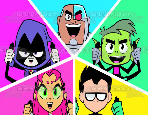 Teen Titans Go Beast Boy Starfire Robin Cyborg and Raven with a Pink Blue and Green Background Edible Cake Topper Image ABPID06442
