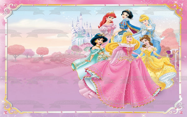 Princesses Aurora Jasmine Belle Cinderella Ariel Snow White and a Castle Edible Cake Topper Image ABPID06454