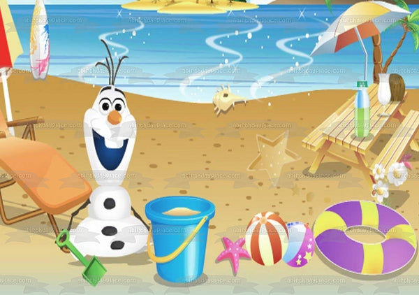 Frozen Olaf Beach Scene Beach Ball Starfish Beach Chairs and a Picnic Table Edible Cake Topper Image ABPID06543