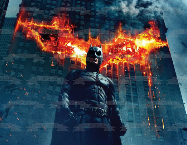 Batman Dark Knight Burning Building In the Background Edible Cake Topper Image ABPID06565