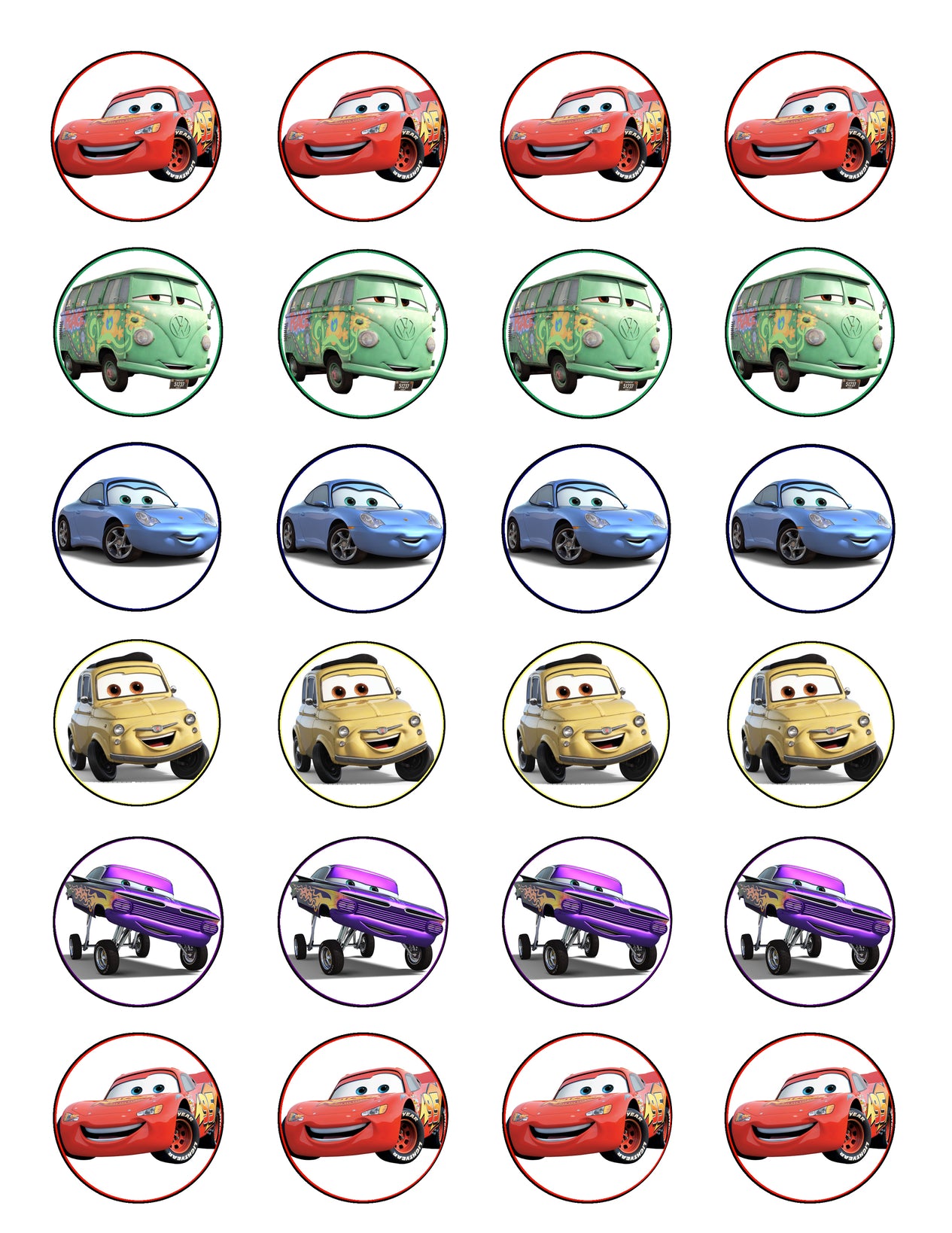 Cars 2 Lightening McQueen Sally Carrera Ramone and Fillmore Edible Cupcake Topper Images ABPID06674
