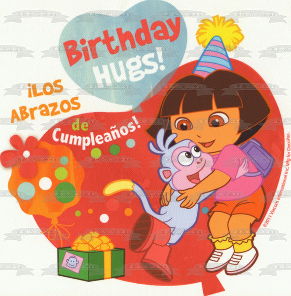 Dora the Explorer Birthday Hugs Boots and Presents Edible Cake Topper Image ABPID06860