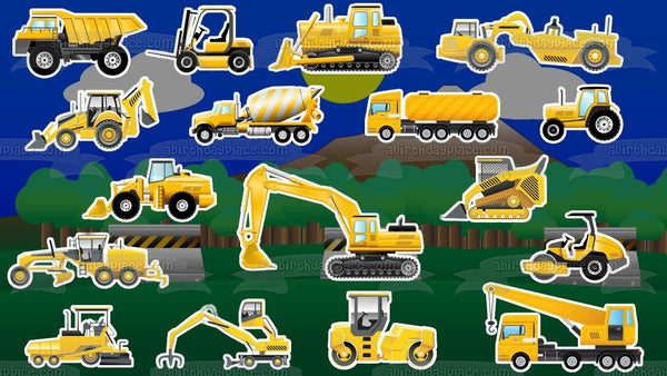 Construction Equipment Cartoon Excavator Tractor Lawn Mower and a Dump Truck Edible Cake Topper Image ABPID06865