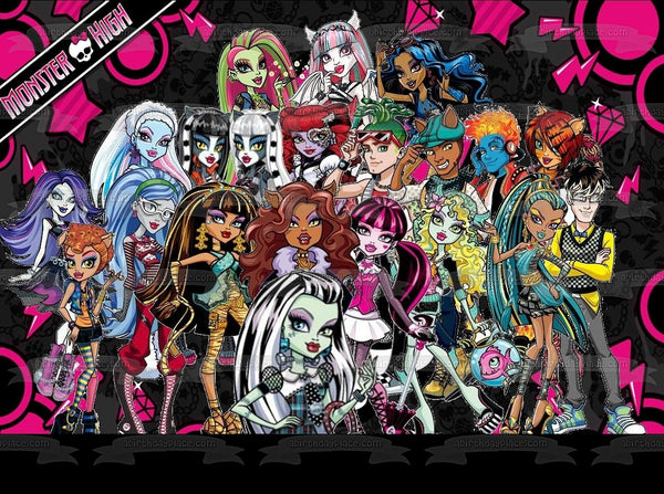 Monster High Clawdeen Wolf Lagoona Blue Cleo De Nile Draculaura Frankie Stein and Ghoulia Yelps Edible Cake Topper Image ABPID06941