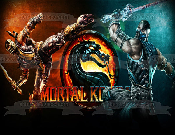 Mortal Kombat Logo Sub-Zero and Scorpion Fighting Edible Cake Topper Image ABPID06949