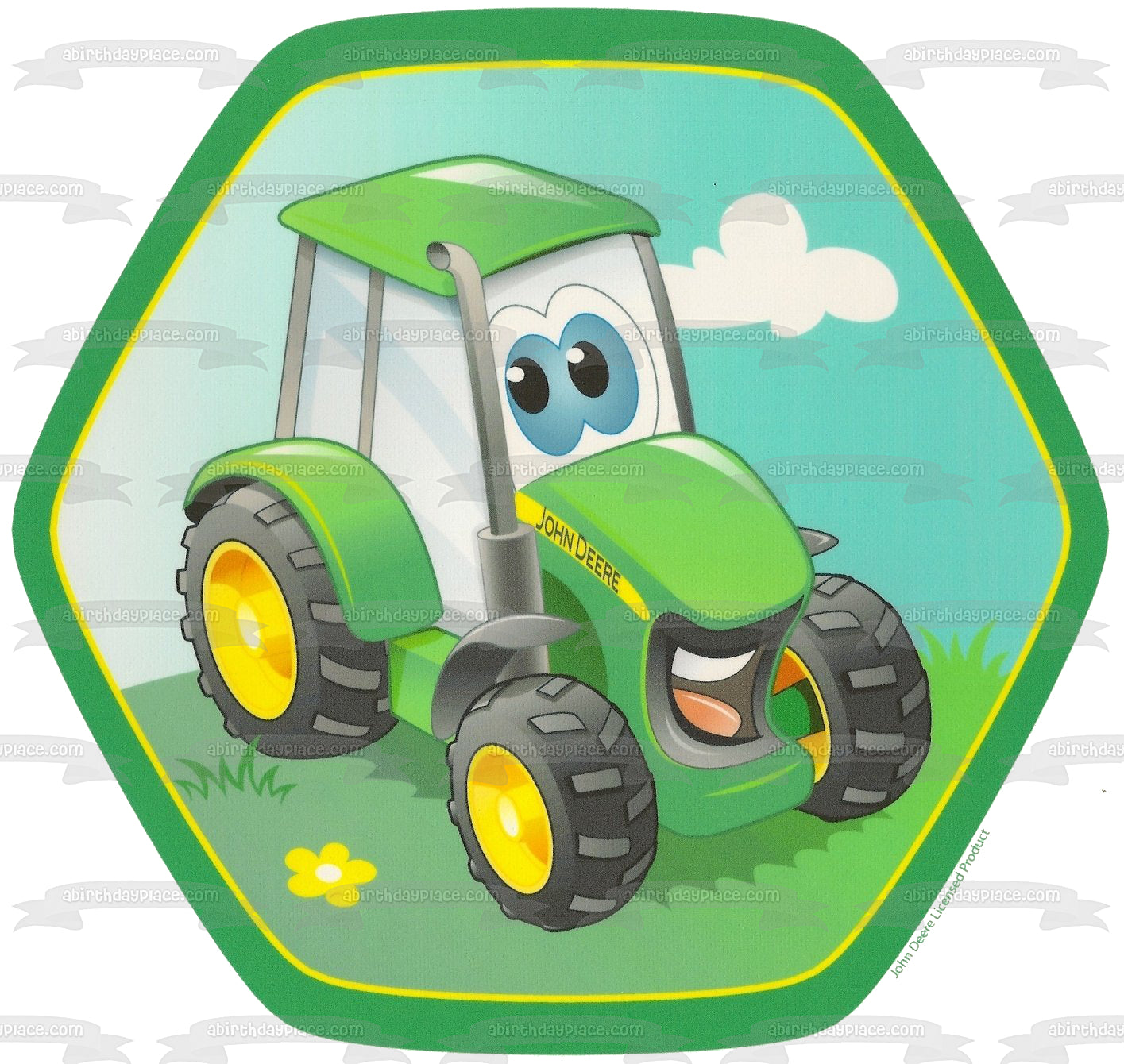 John Deere Tractor Cartoon Sky Clouds and Grass Edible Cake Topper Image ABPID07011